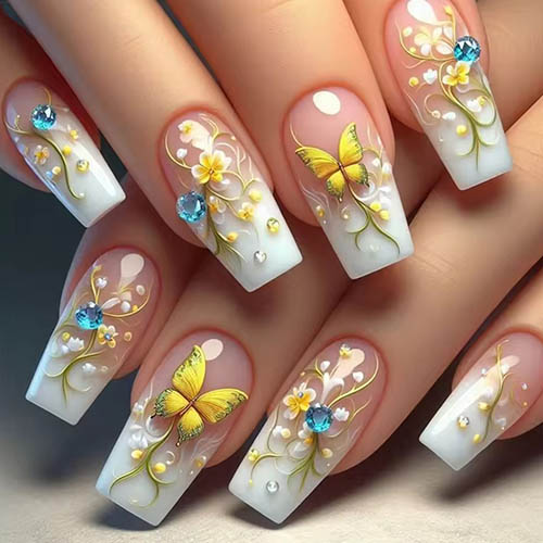 Best Summer Nail Ideas for Any Occasion 24pcs Gradient White False Nails Diamond Design Mid-length Square Press on Nails Sets Wearable Flower Butterfly Fake Nail Tips