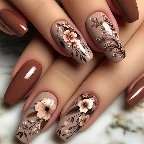 Best Summer Nail Ideas for Any Occasion 24pcs Press on Nails Flower Design Mid-length Ballet False Nail Fashion Brown Full Cover Manicure Tips Datachable Fake Nails Set