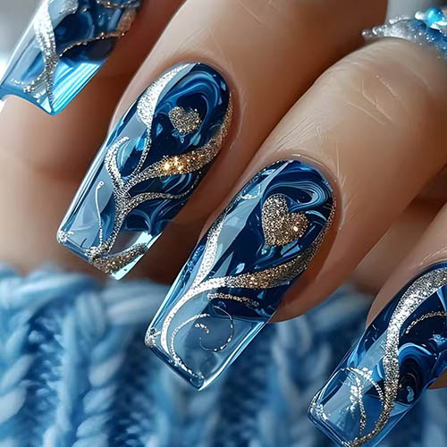 Best Summer Nail Ideas for Any Occasion 24pcs Golden Stripe Press on Nails Shiny Powder Love Design Long Square False Nails Wearable Full Cover Nail Tips Blue Fake Nail