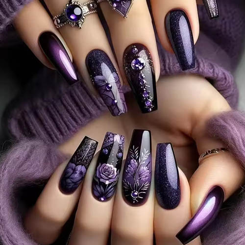 Best Summer Nail Ideas for Any Occasion Purple Flower Press on Nails 24Pcs Almond/Coffin Wearable Fake Nails Flower Printed Woman DIY Manicure Acrylic False Nails Tips
