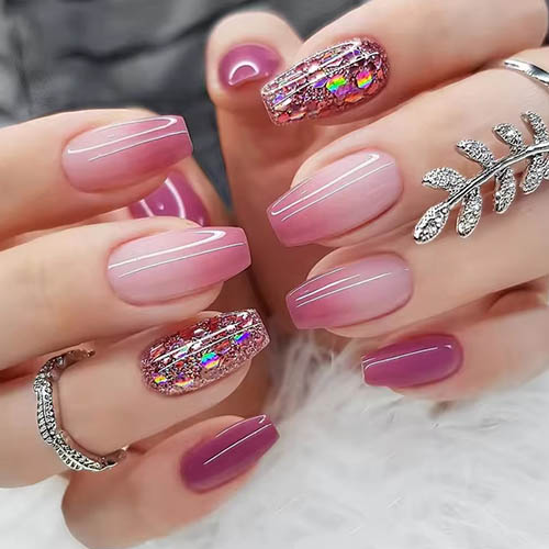 Best Summer Nail Ideas for Any Occasion 24 PCs Short Pieces of French Gradient Glitter Fingernail with 1 Jelly Gel and 1 Nail File