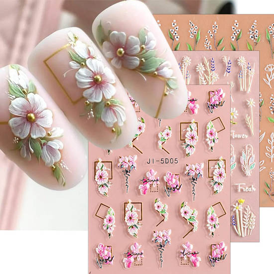 30+ Best Summer Nails: Trendy Press-Ons, Ocean Vibes & Floral Looks 3D Embossed Flower & Leaves Nail Art Stickers