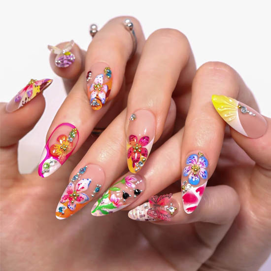 30+ Best Summer Nails: Trendy Press-Ons, Ocean Vibes & Floral Looks 3D Flower and Butterfly Summer Colorful Floral Almond Nails