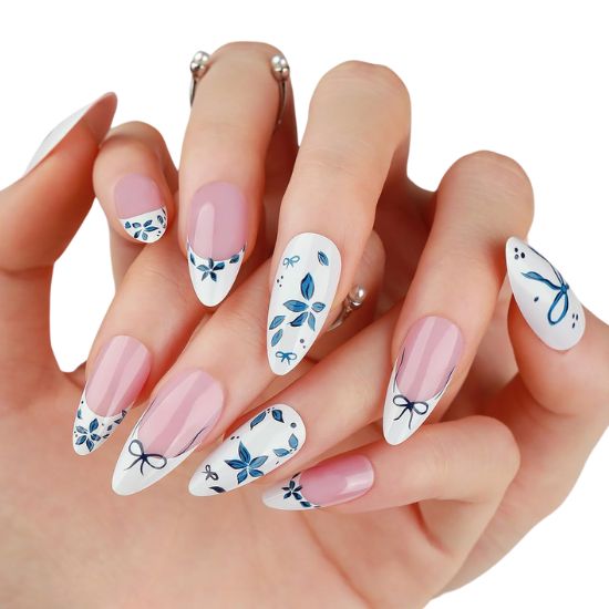 30+ Best Summer Nails: Trendy Press-Ons, Ocean Vibes & Floral Looks Blue Flower Almond Press-On Nails with Bow Design