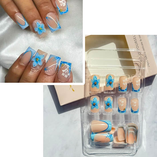 30+ Best Summer Nails: Trendy Press-Ons, Ocean Vibes & Floral Looks Blue Flower French Tip Square Press-On Nails