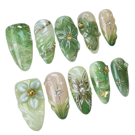 30+ Best Summer Nails: Trendy Press-Ons, Ocean Vibes & Floral Looks Green Almond Press-On Nails with 3D Floral & Butterfly Design