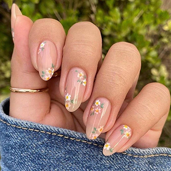 30+ Best Summer Nails: Trendy Press-Ons, Ocean Vibes & Floral Looks Pink Almond Press-On Nails with Daisy Floral Designs, 24PCS