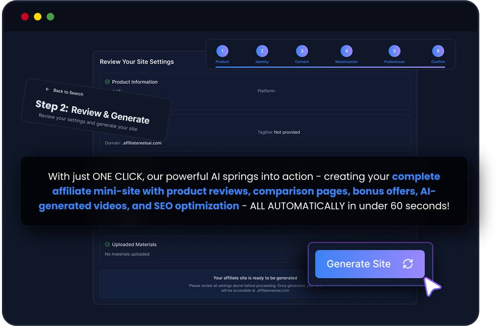 AffiliateReelAI Review – Create Affiliate Mini Sites in 60 Seconds for Passive Income Click "GENERATE" & Watch AffiliateReelAI Build Your Empire